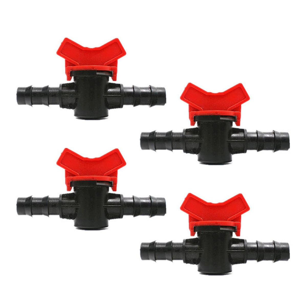 Set of four inline barbed ball valves with red lever handle and black plastic body