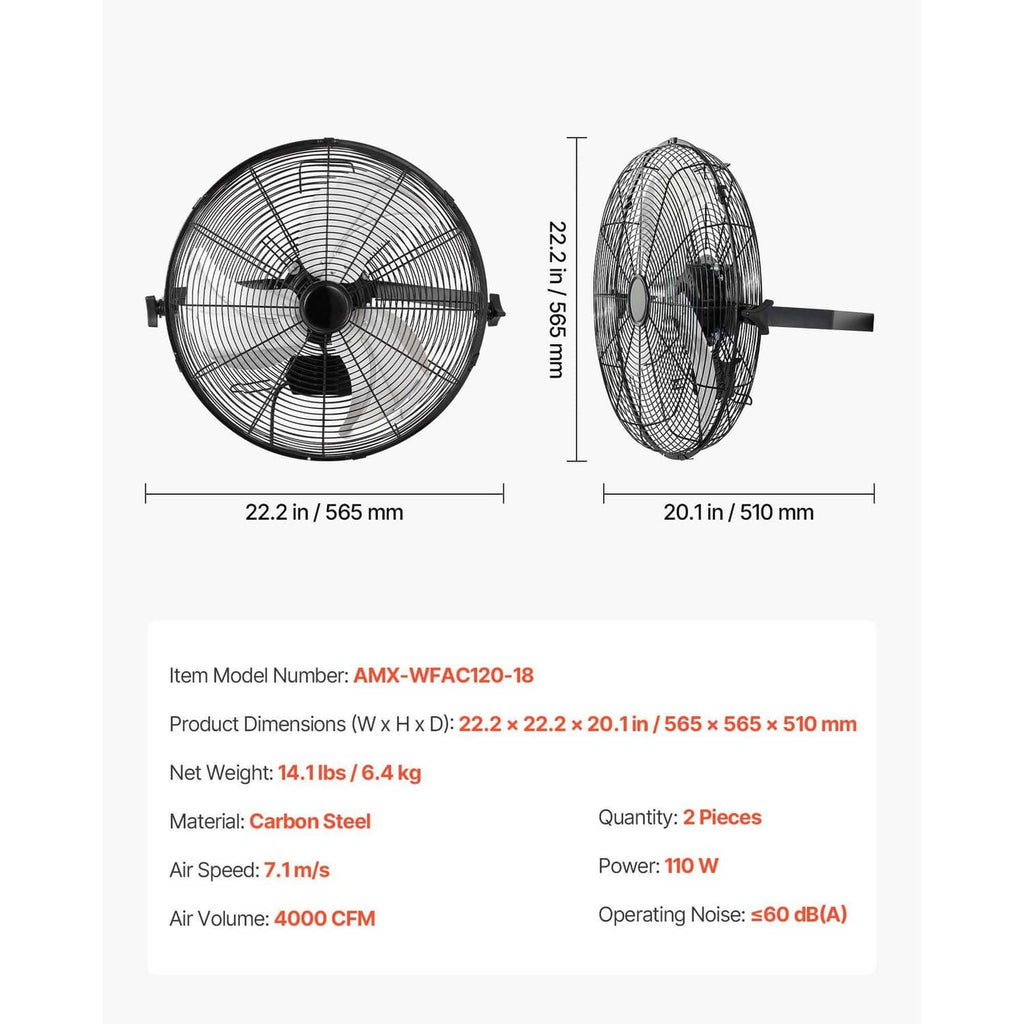 Uimoso wall fan dimensions view front and side of circular wire grille