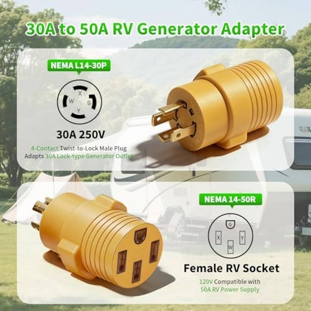 Yellow RV generator adapter showing male plug connection and female RV socket