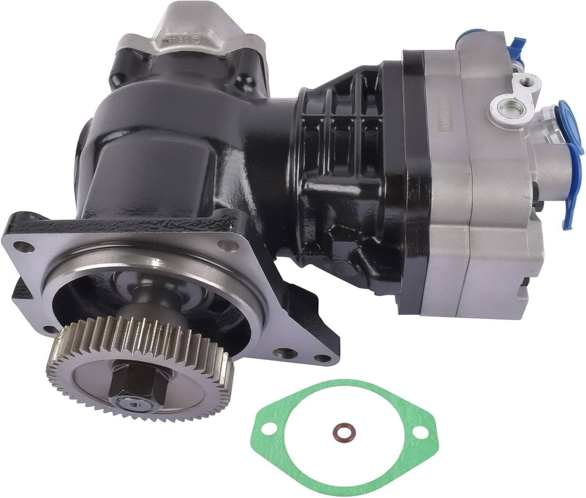 Truck air brake compressor with gear, black and silver with flange gear and gasket