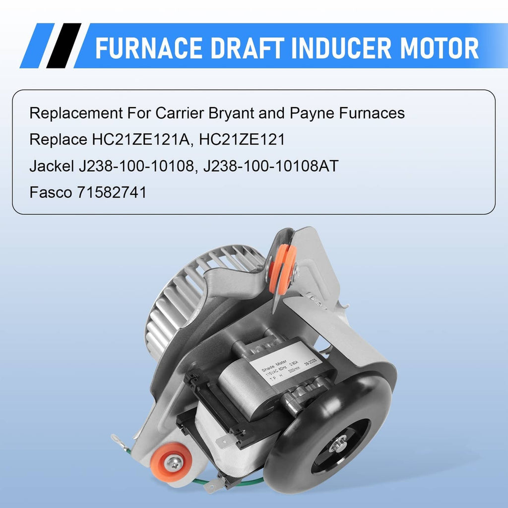 Furnace draft inducer blower motor assembly with gray fan housing and orange mounting