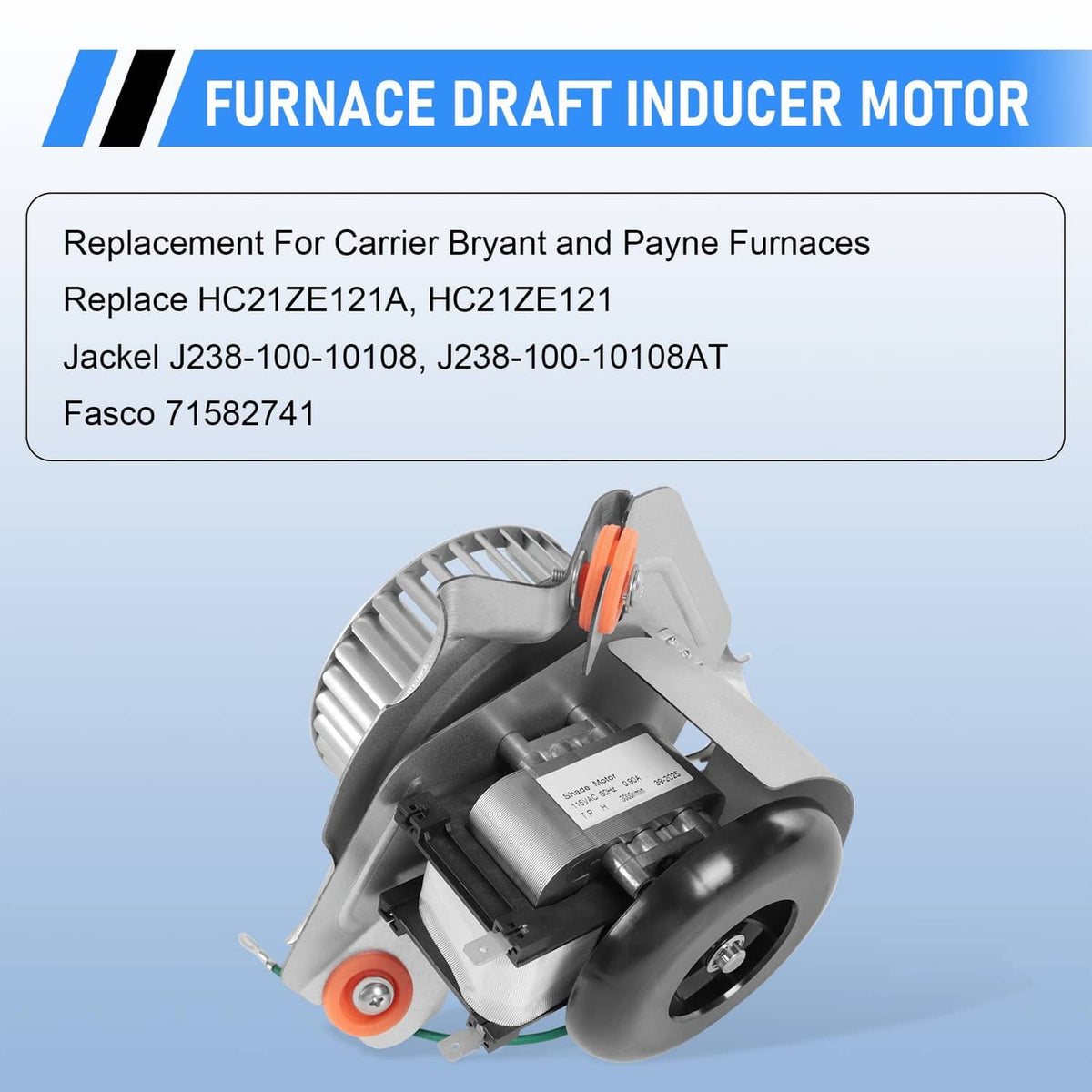 Furnace draft inducer blower motor assembly with gray fan housing and orange mounting