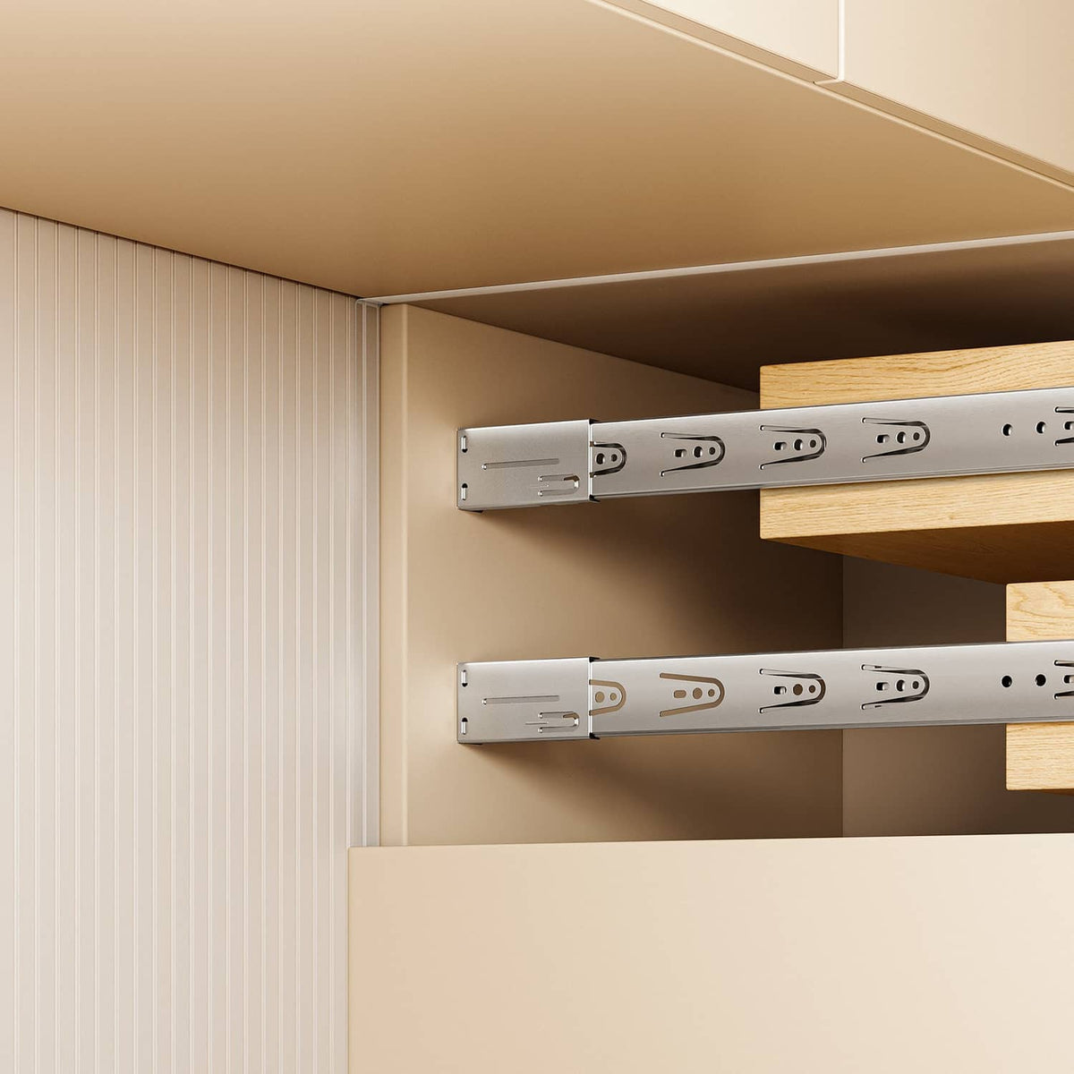 Installed side-mount drawer slides on cabinet frame with metal rail and mounting tabs