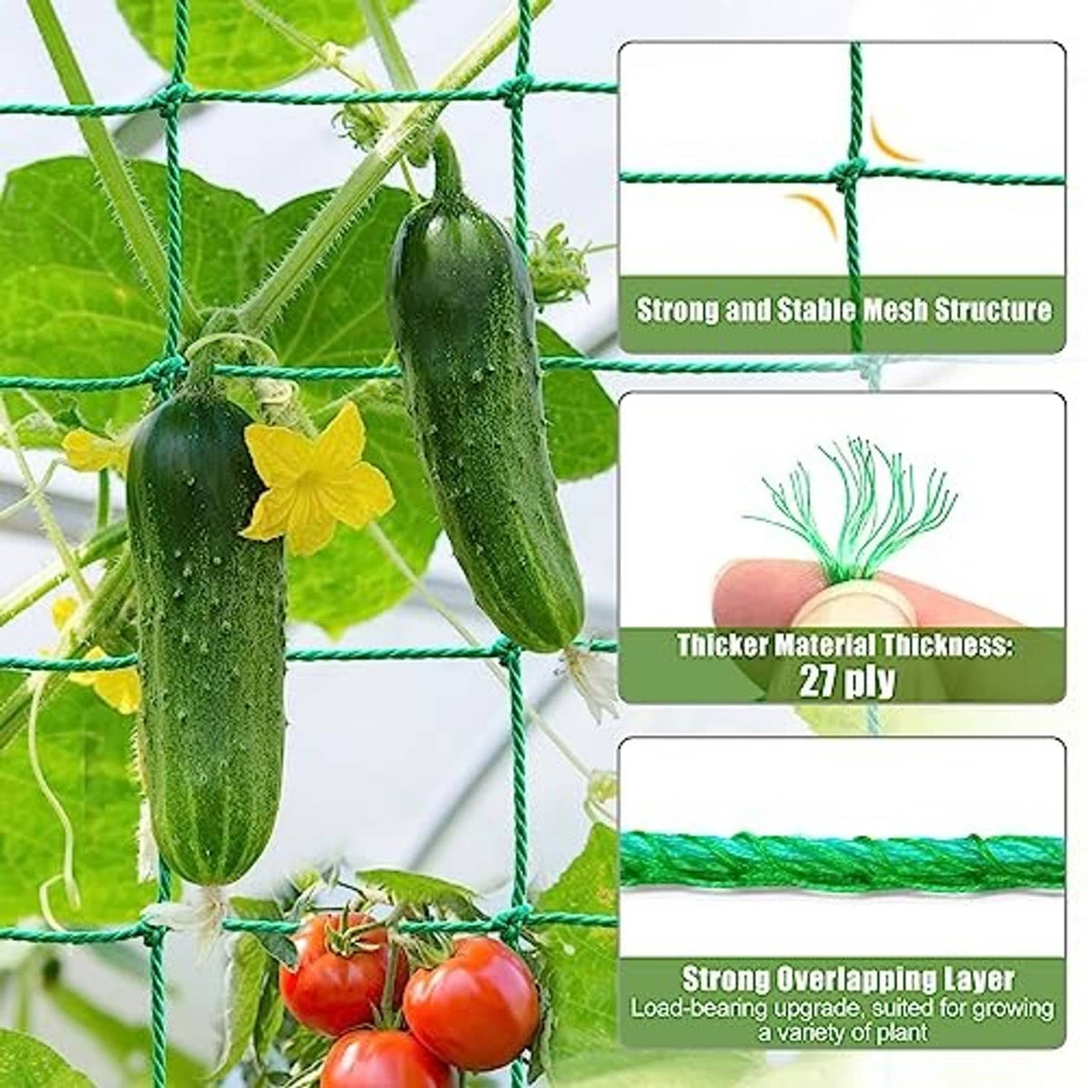 Garden trellis netting close-up: thick, layered teal mesh grid