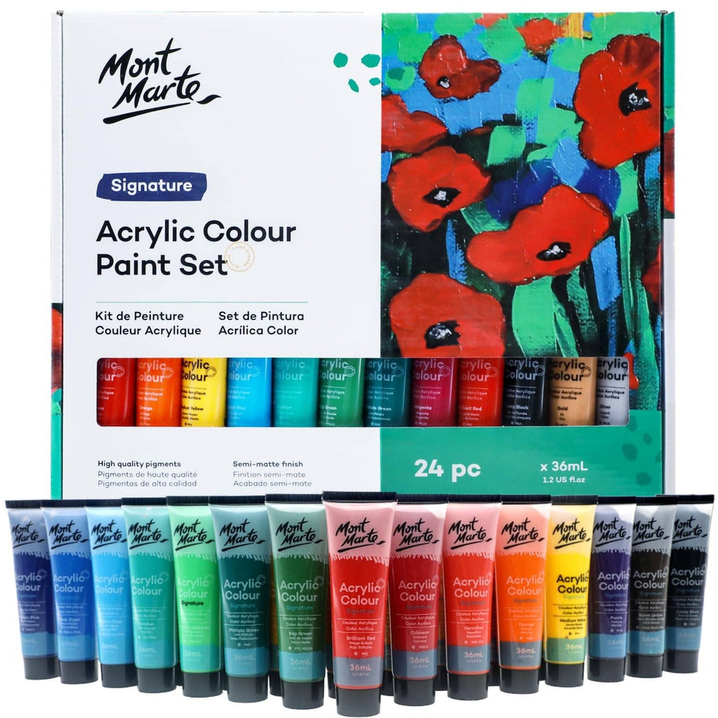 Acrylic paint set box with 24 small paint tubes and colorful artwork on the front