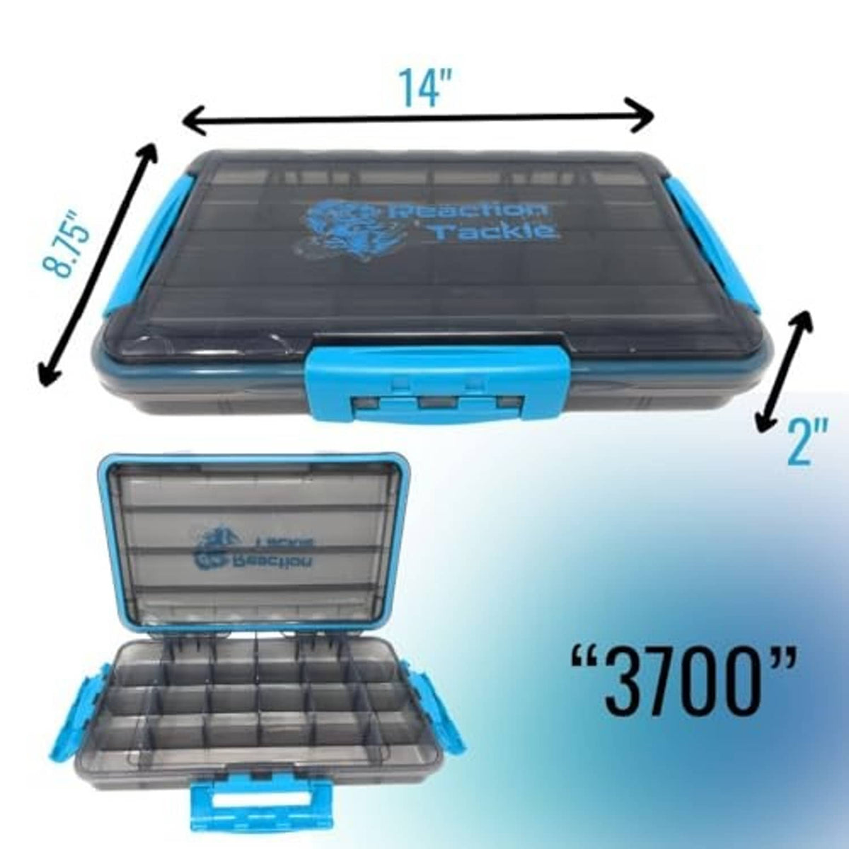 Water-resistant fishing tackle tray with blue latch, 14 in x 8.5 in size