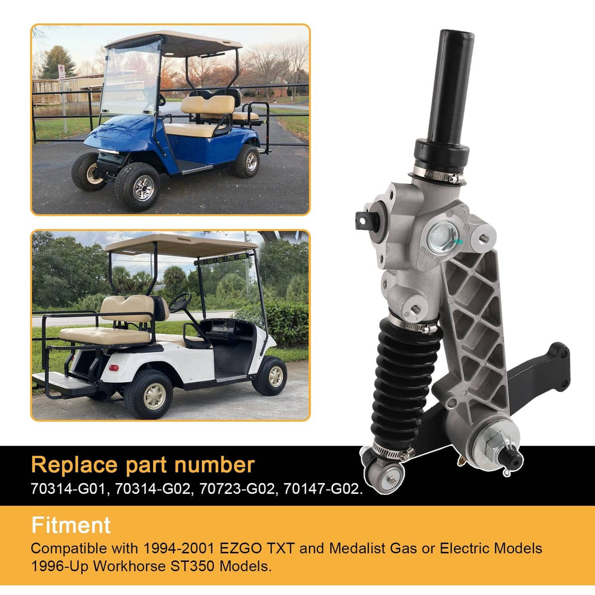 Steering gear box assembly with rubber boot, strut, and metal linkage bracket