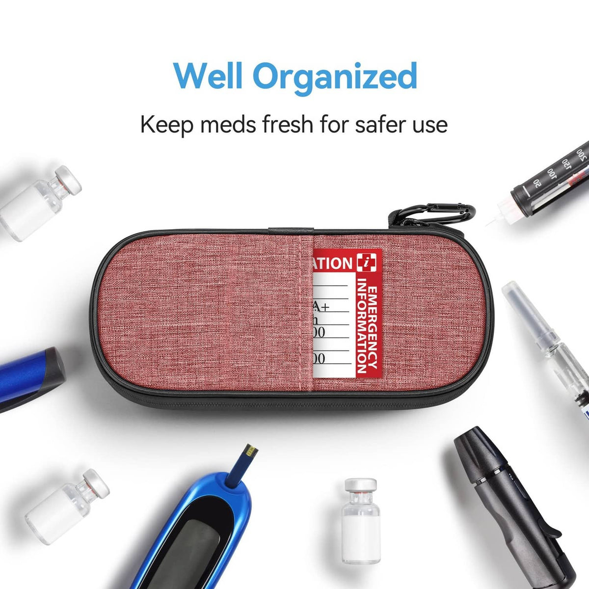 Red-pink insulin cooler case with zip top and interior mesh divider panel
