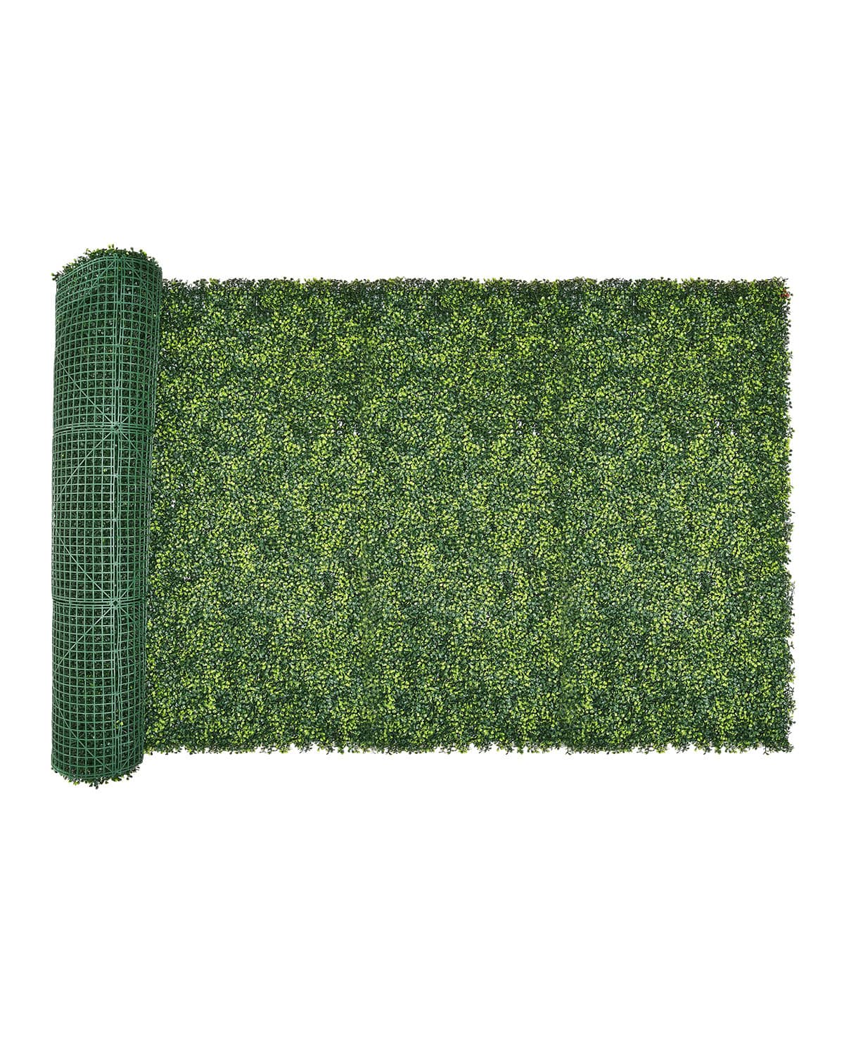 Green artificial grass privacy fence screen panel with attached mesh backing roll