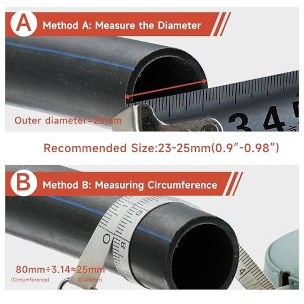 T-bolt hose clamp size guide with ruler measuring on dark hose pipe and clamp fit
