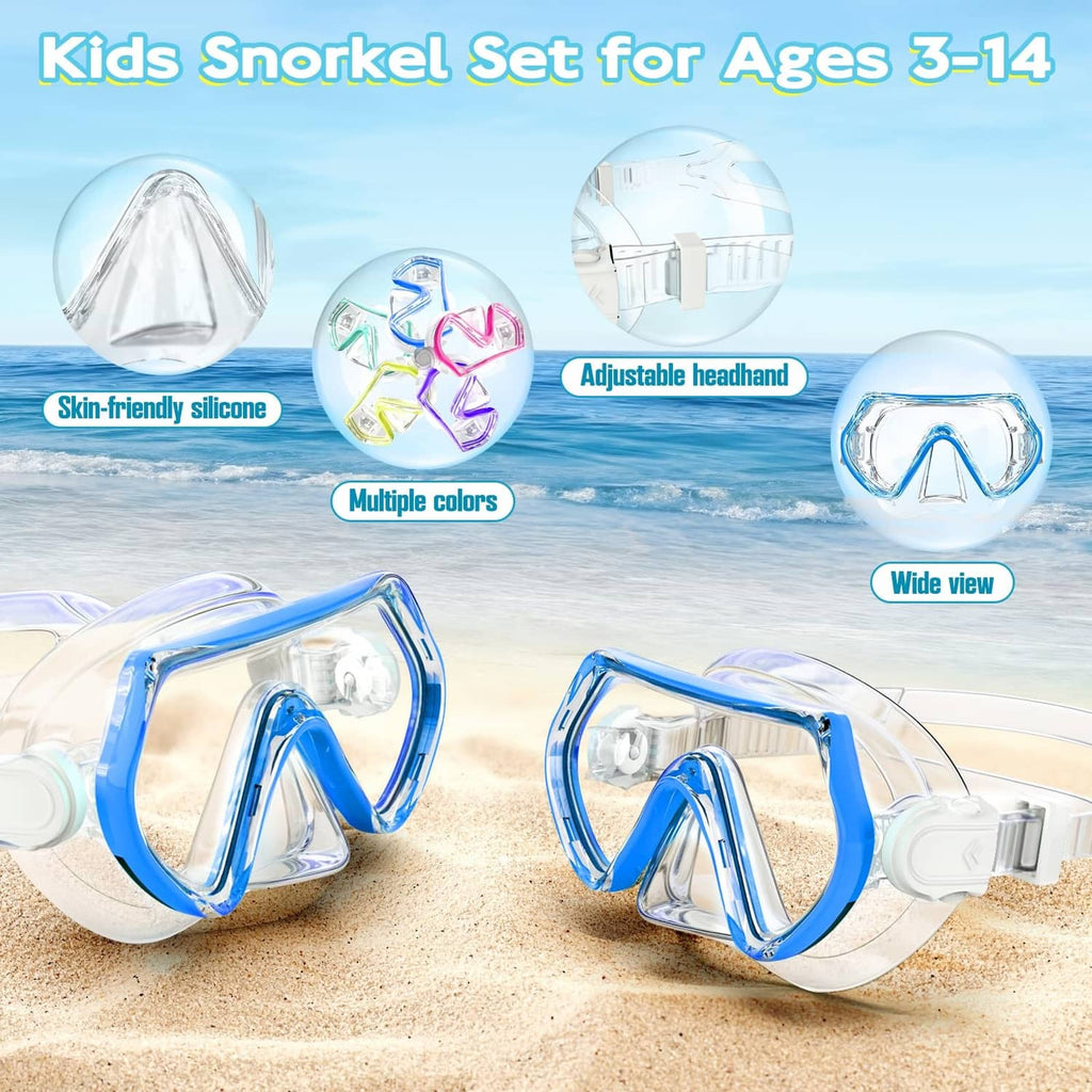 Kids snorkeling mask set with clear lenses and blue frames, adjustable head strap