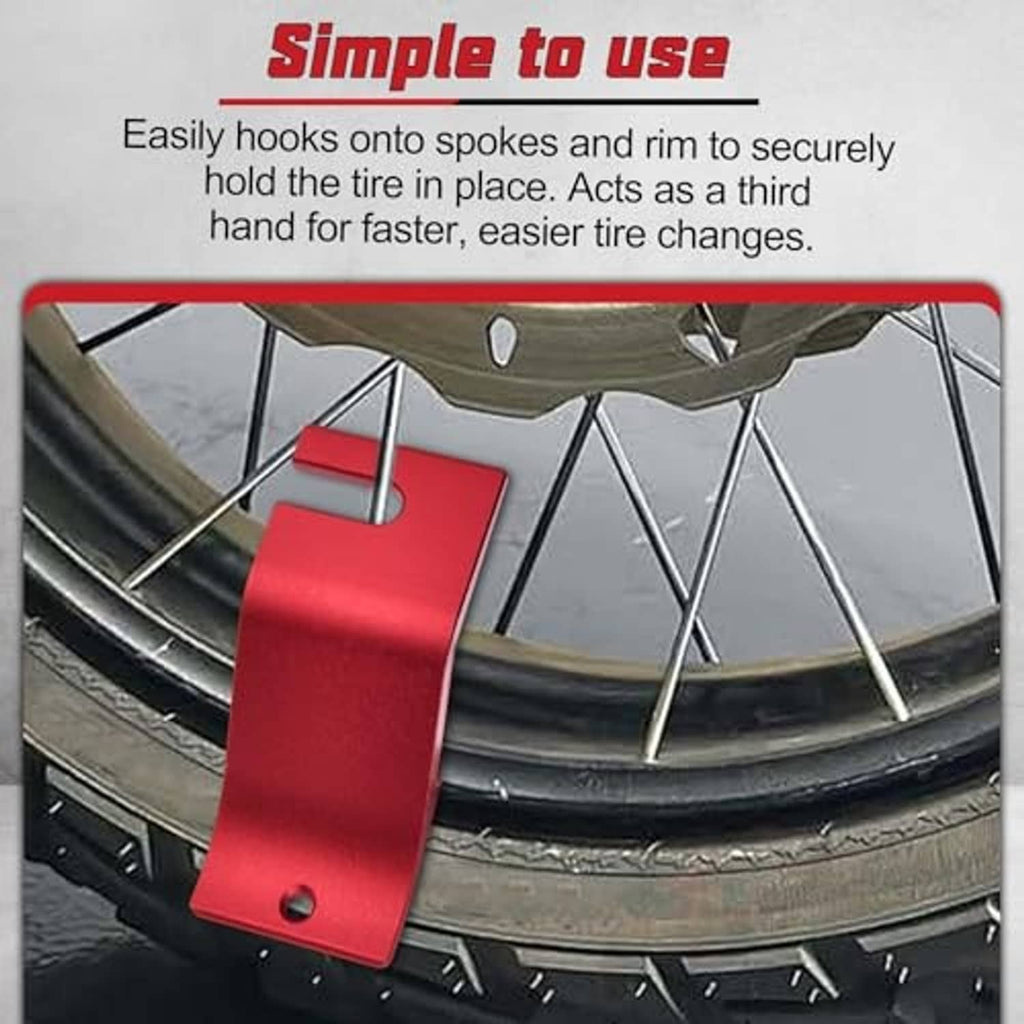 Red tire bead holder hook clipped to motorcycle wheel spokes for securing beads