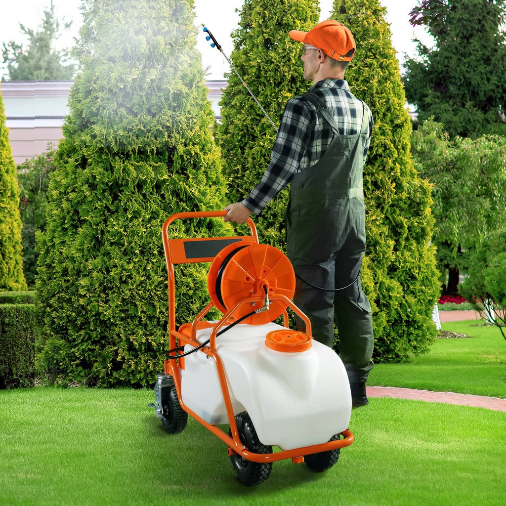 Orange and white lawn sprayer cart with spray wand, hose reel, and wheeled base