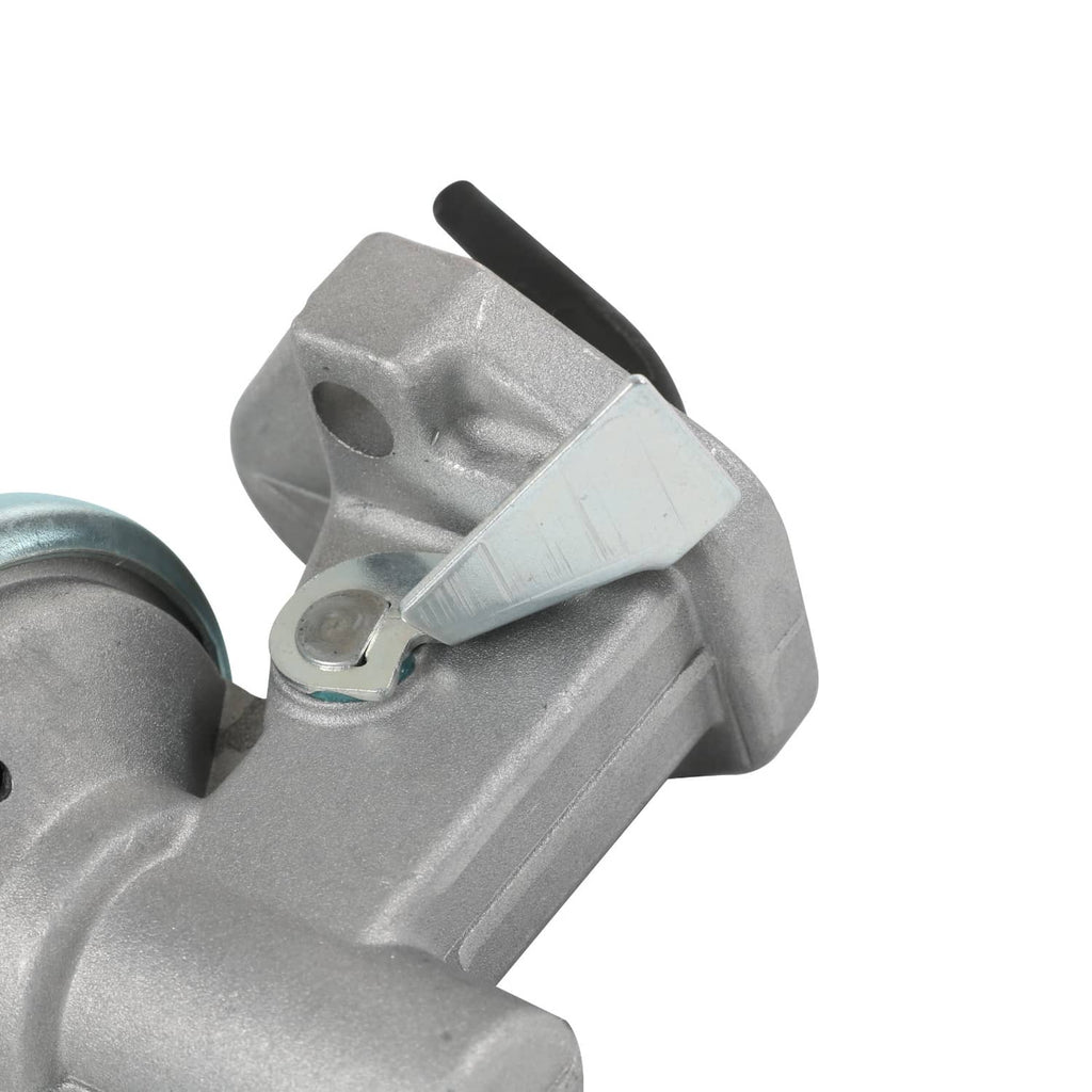 Fuel lift transfer pump with silver-gray metal body and black hose connection