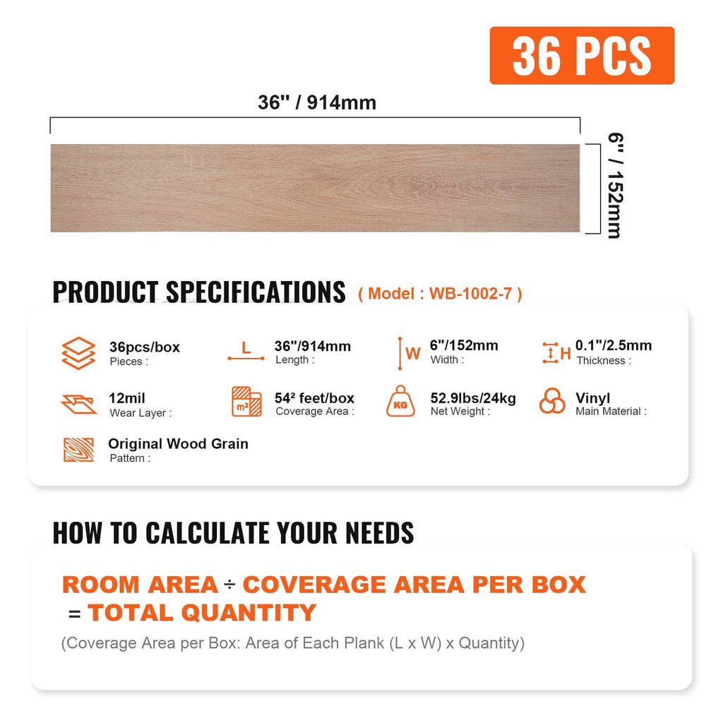 Natural wood-grain vinyl floor tile plank shown with size and thickness layout