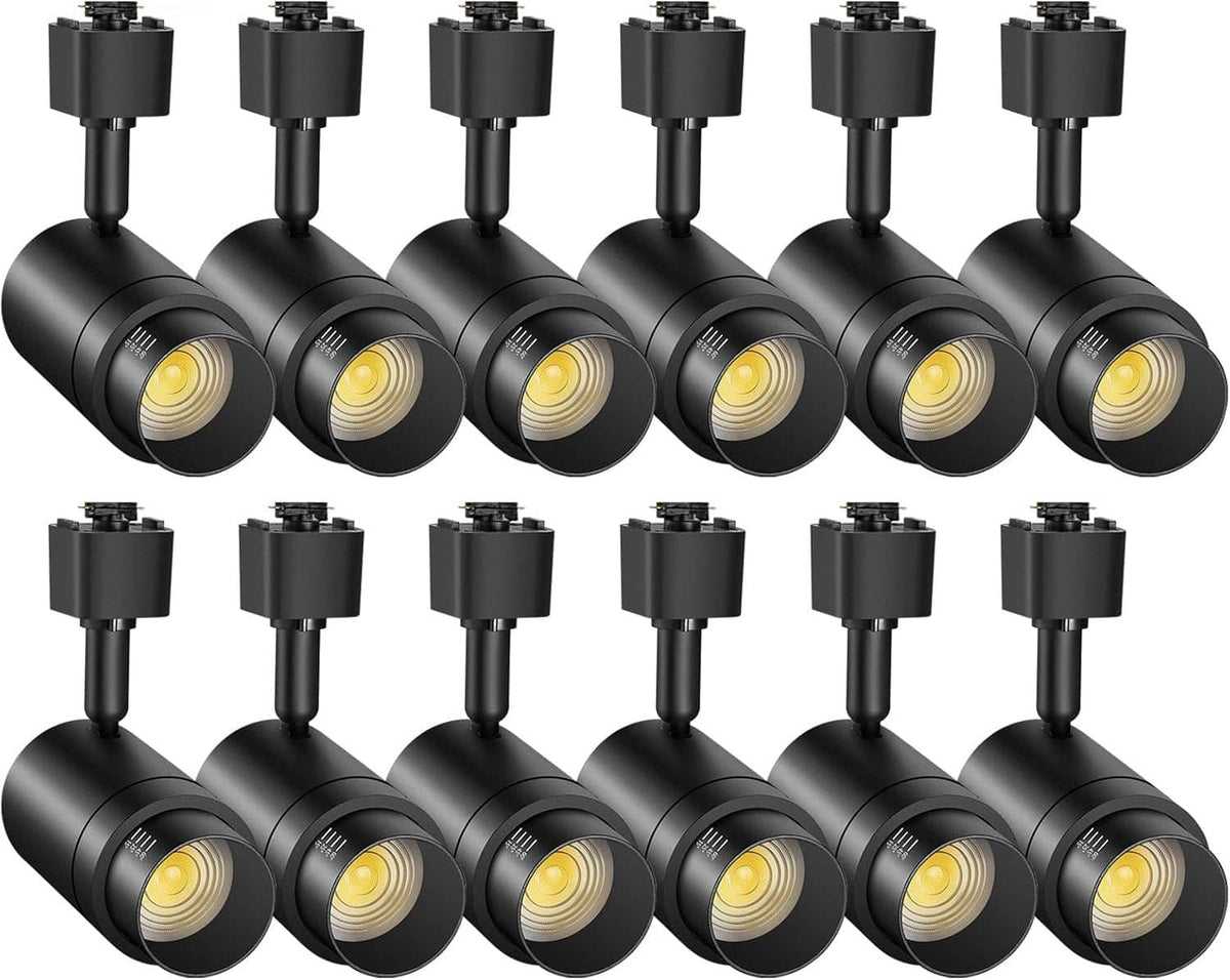 Black LED track light heads with angled beams and J-style mounts