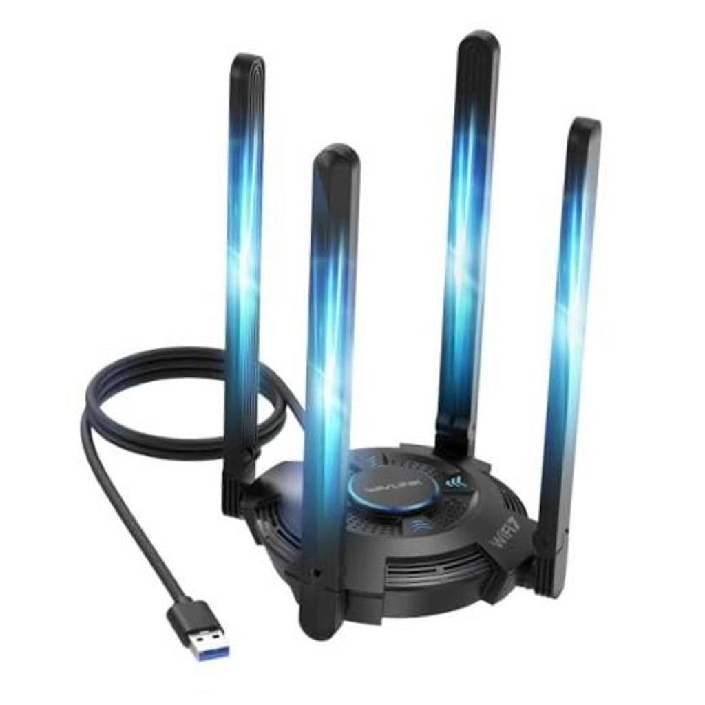 USB WiFi adapter with three tall antennas and attached USB cable, black