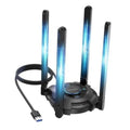 USB WiFi adapter with three tall antennas and attached USB cable, black