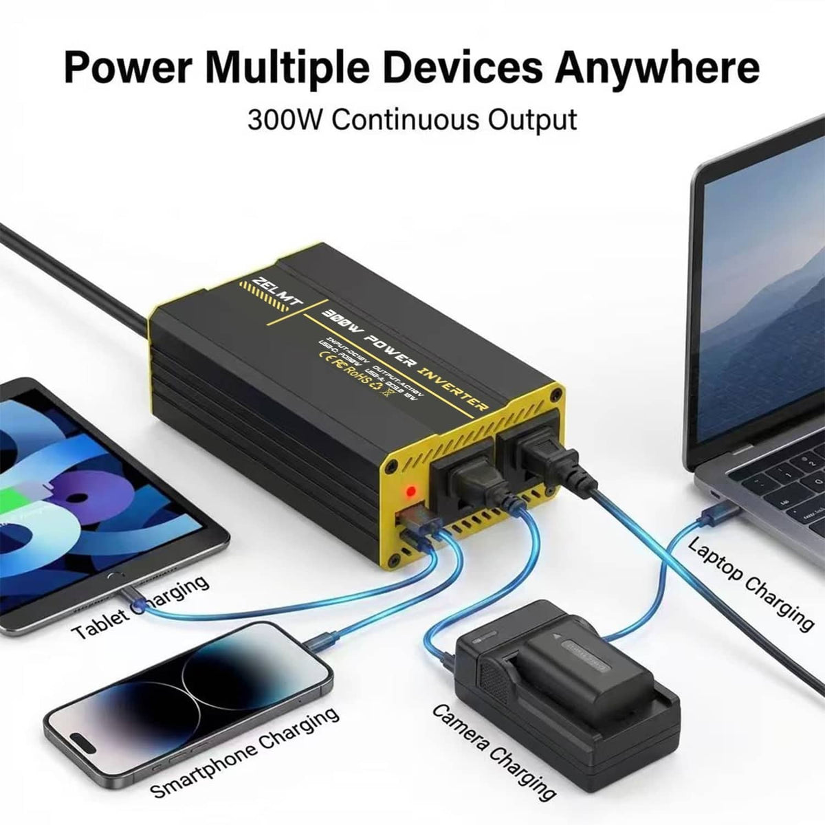 ZELMT 300W inverter charging multiple devices with USB and car plug connections