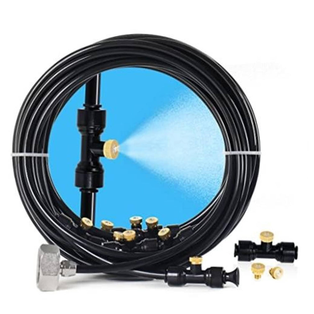 Black patio misting hose coil with brass connectors and mist nozzle fittings
