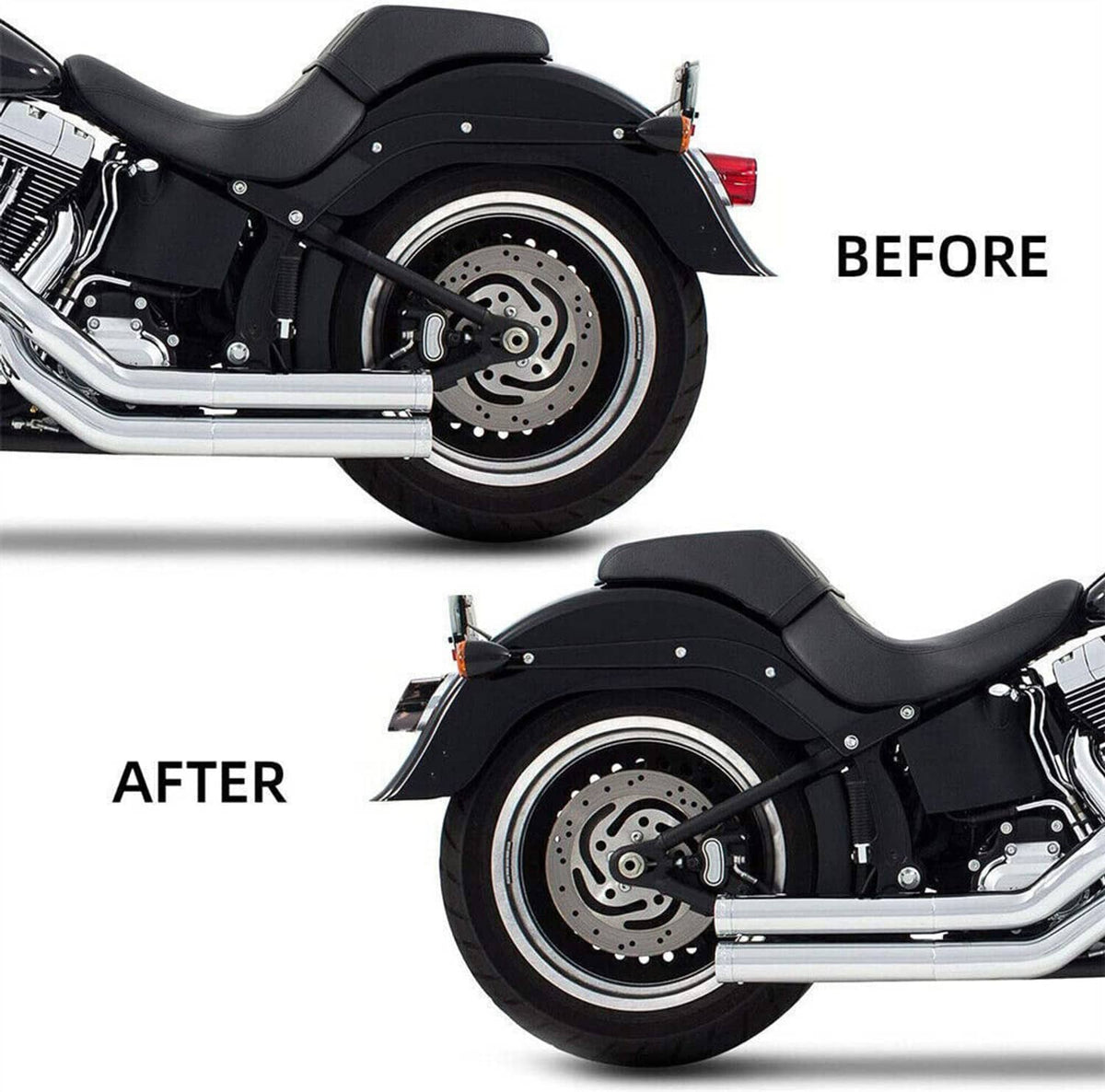 Motorcycle rear comparison: LED tail light installed versus stock tail light