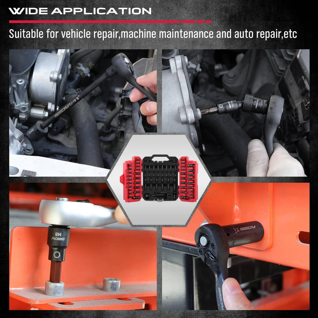 Automotive socket and bit set shown in use with multiple tool heads