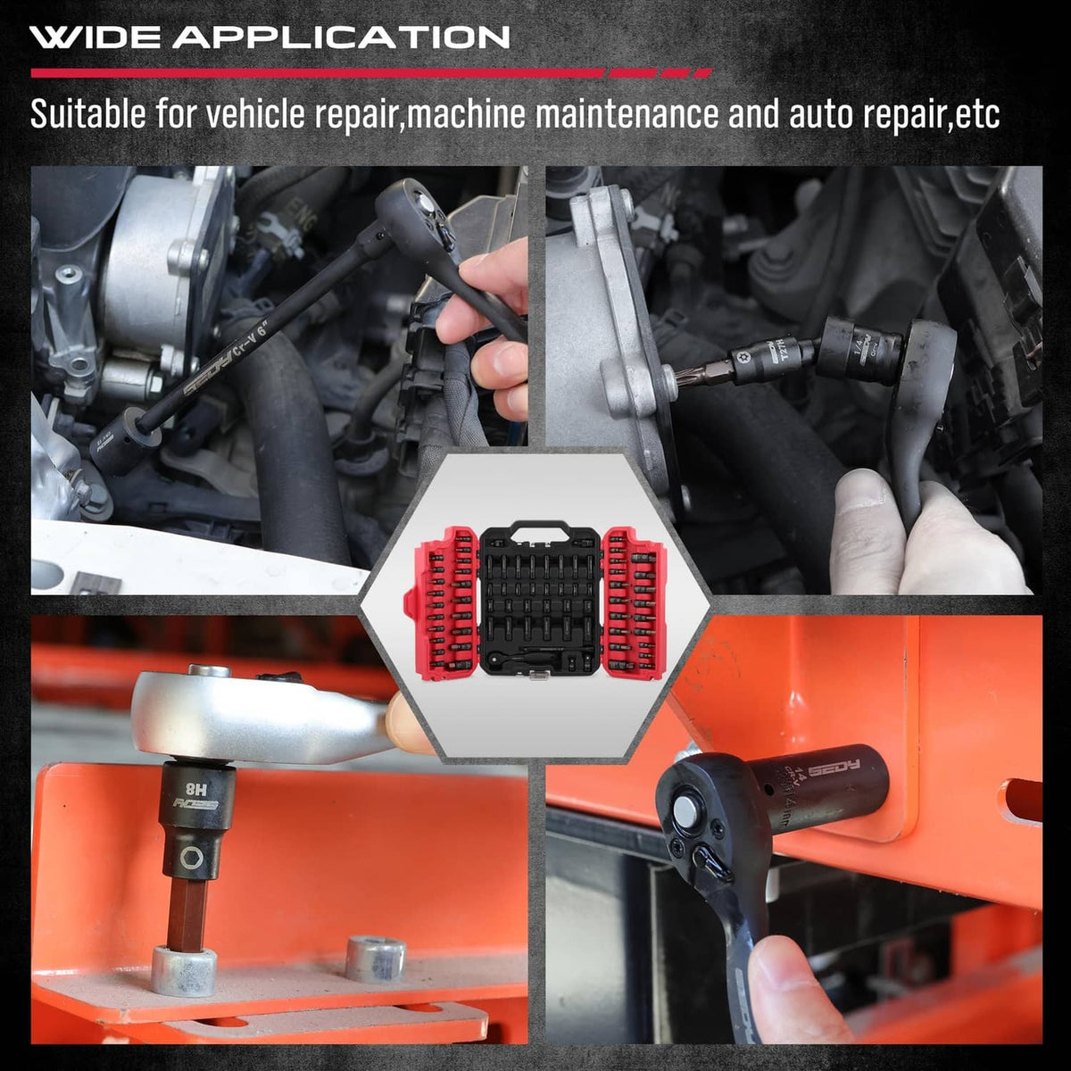 Automotive socket and bit set shown in use with multiple tool heads