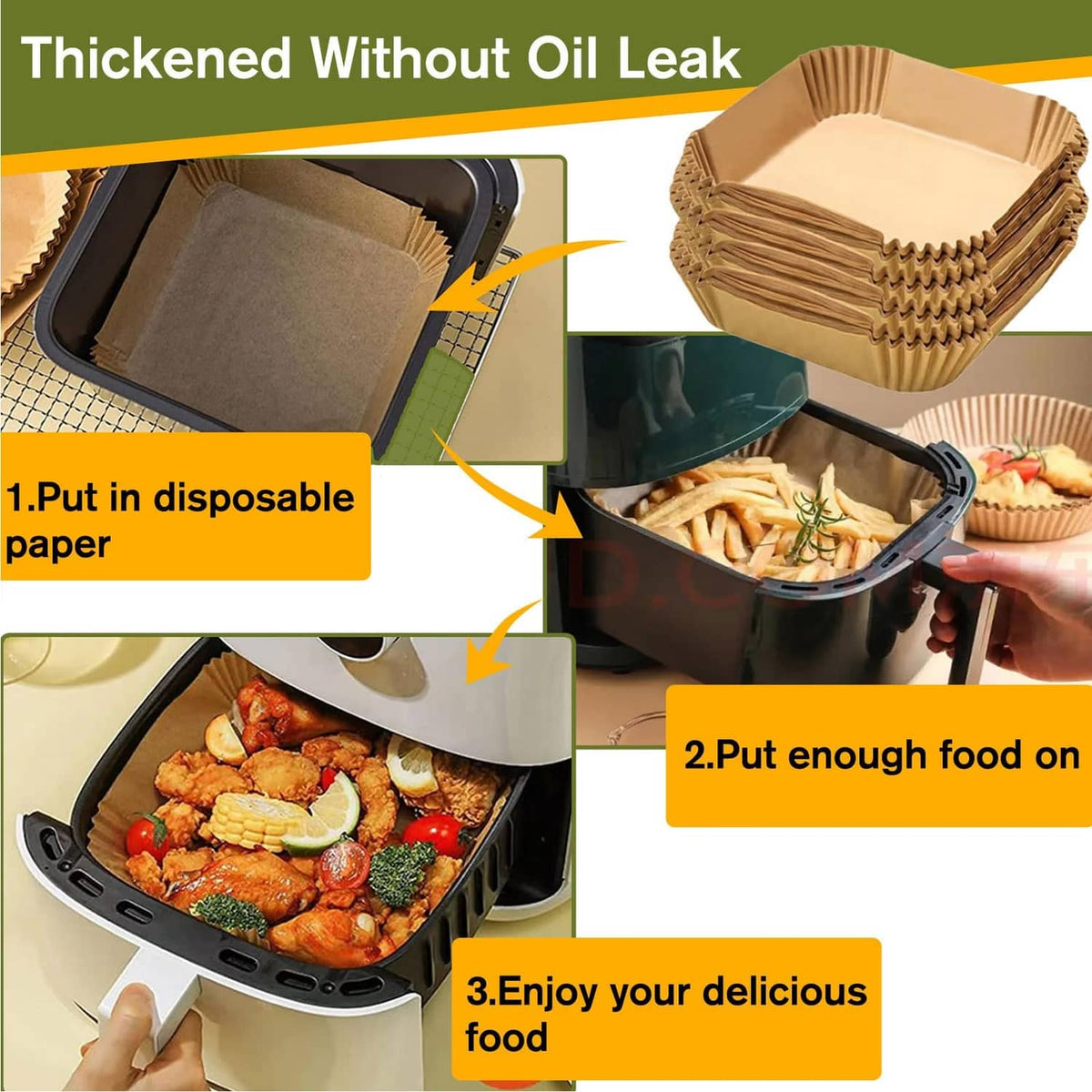 Thick square air fryer paper liner in an air fryer basket, crimped edges
