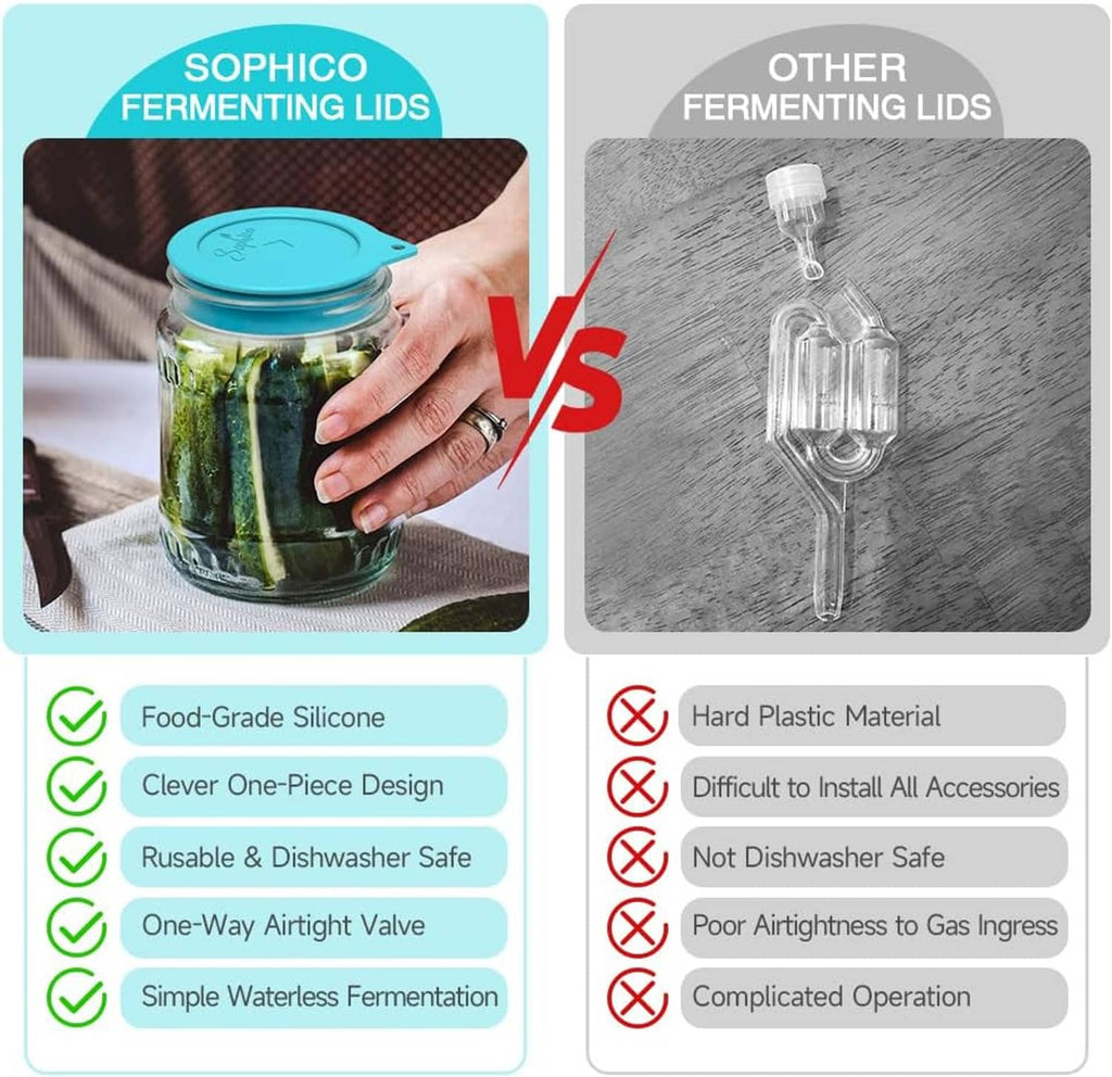 Soft silicone fermenting lid vs hard plastic lid comparison with one-way airtight valve.