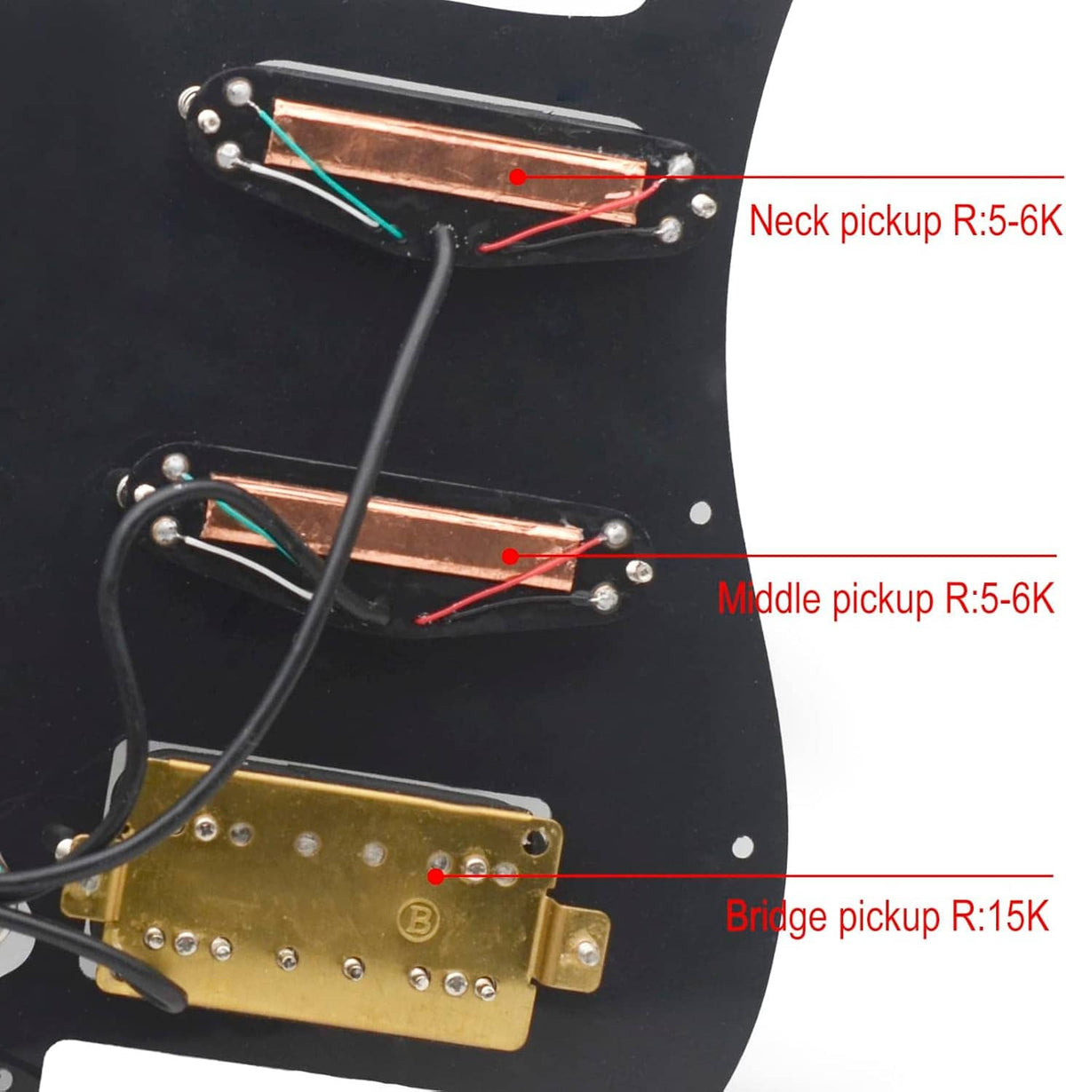 Black pickguard with wiring connections for neck, middle, and bridge pickups