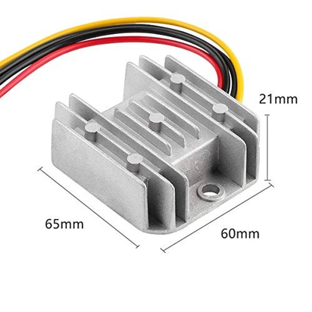 DC buck-boost voltage regulator heatsink with 65x60x21mm dimensions and colored leads