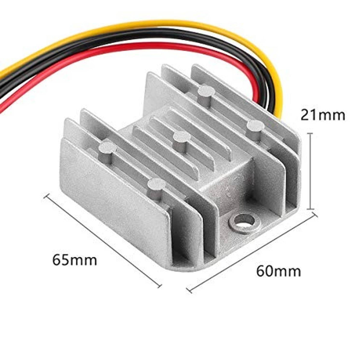 DC buck-boost voltage regulator heatsink with 65x60x21mm dimensions and colored leads