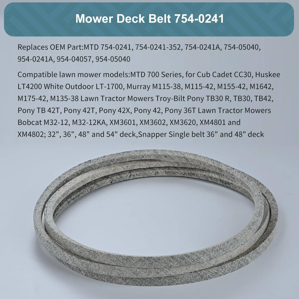 Gray-speckled off-white mower deck belt, coiled on a flat surface.