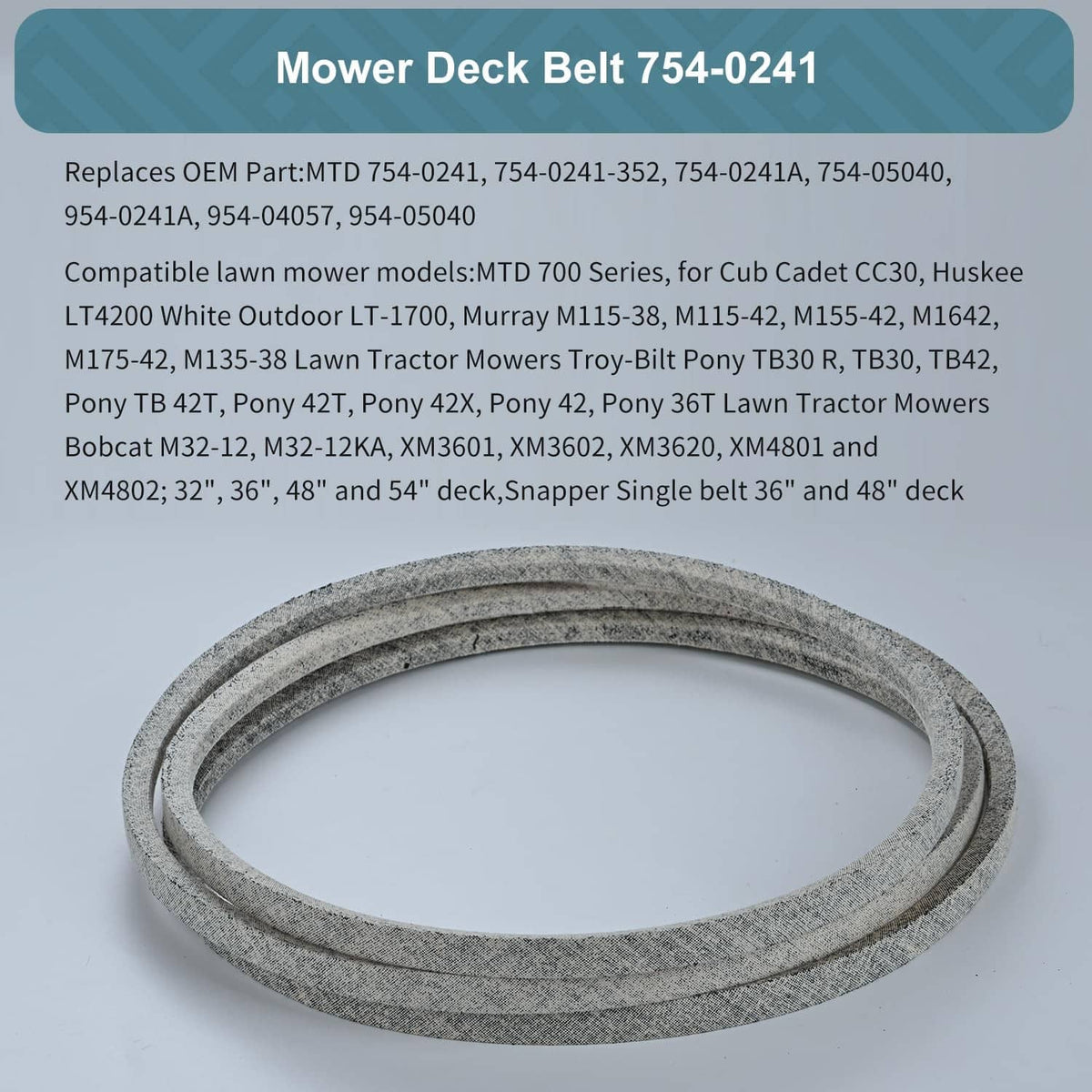 Gray-speckled off-white mower deck belt, coiled on a flat surface.