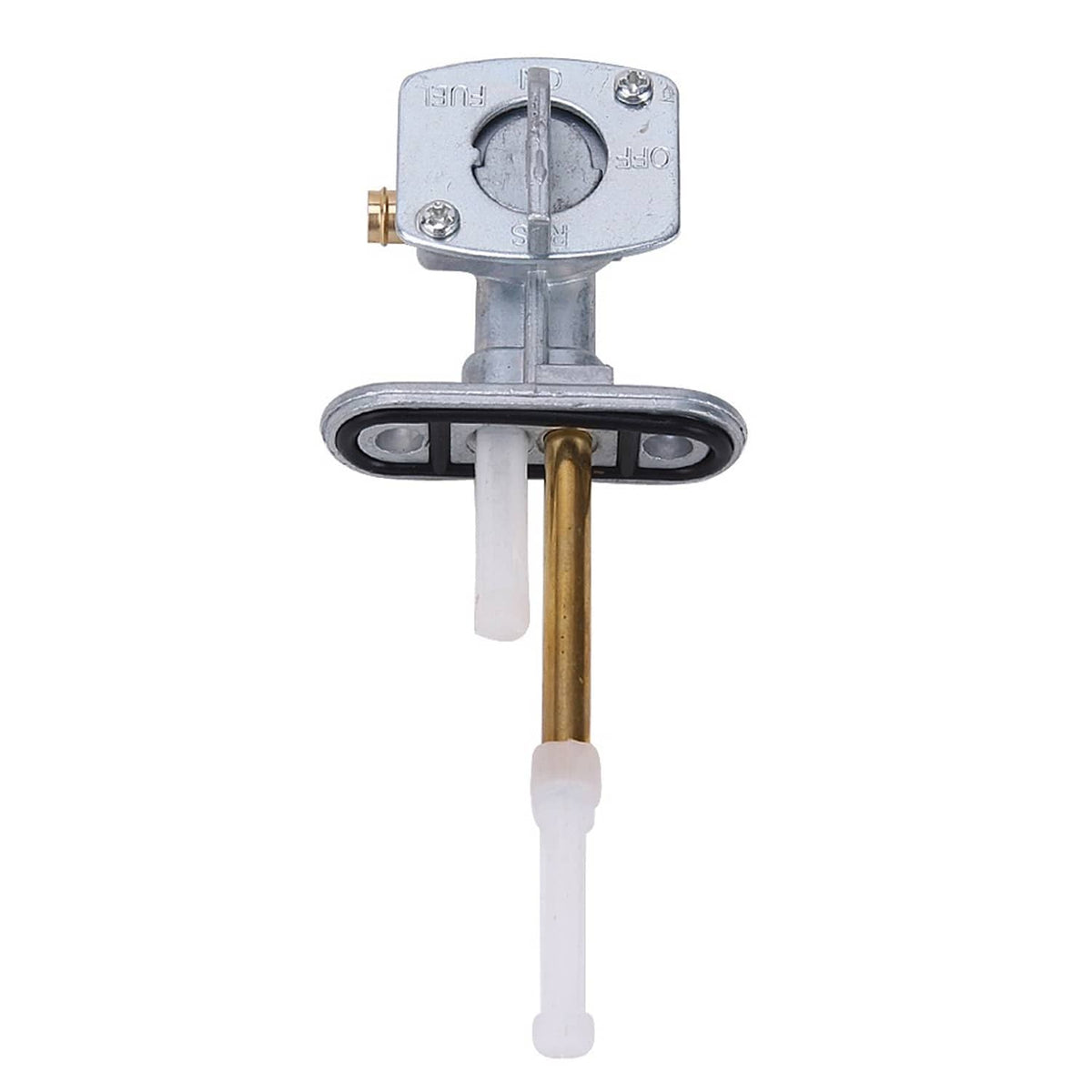 Fuel petcock valve switch assembly with brass rod, circular black gasket, white outlet tube