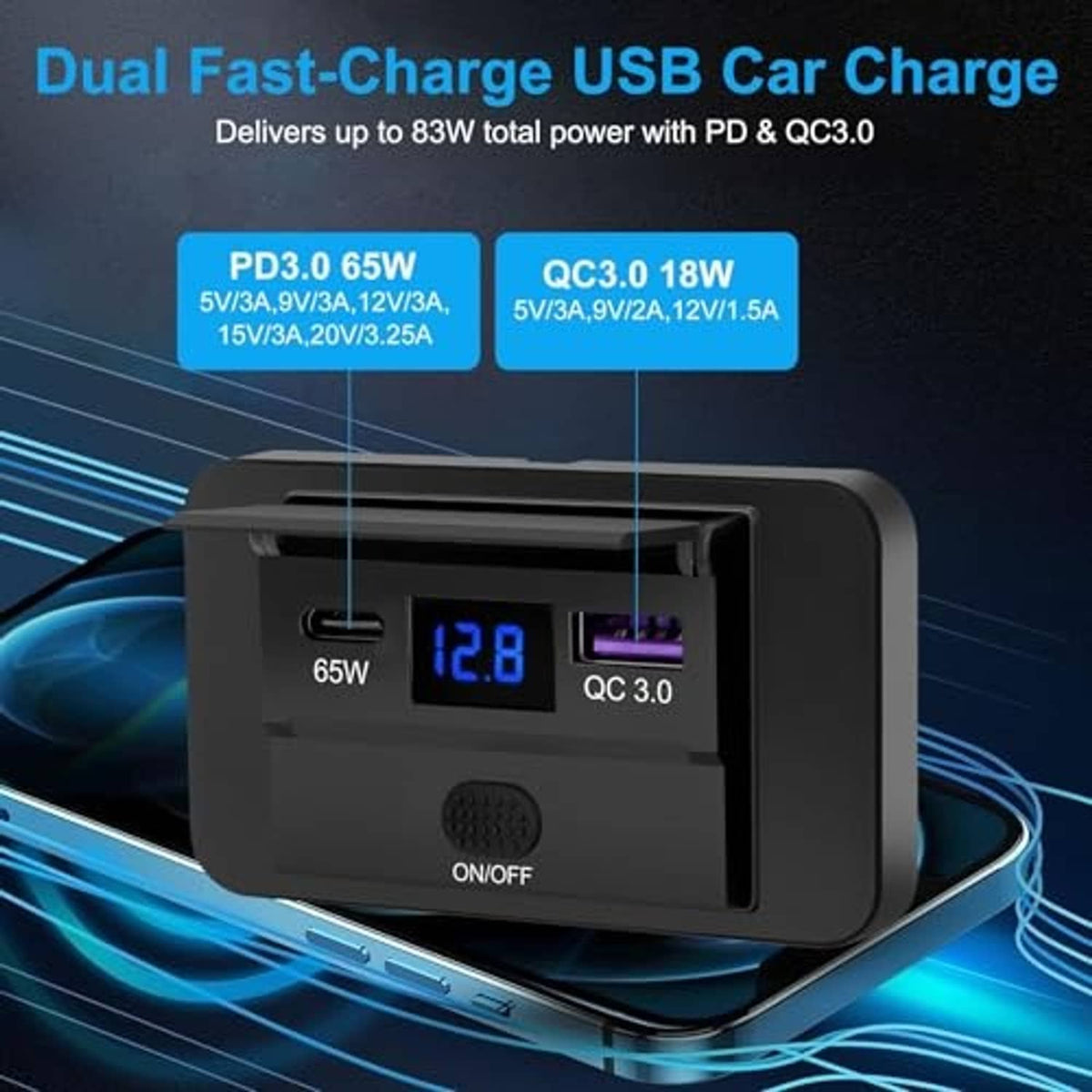 Black car USB outlet module with LED power display, ON/OFF switch, and attached cables
