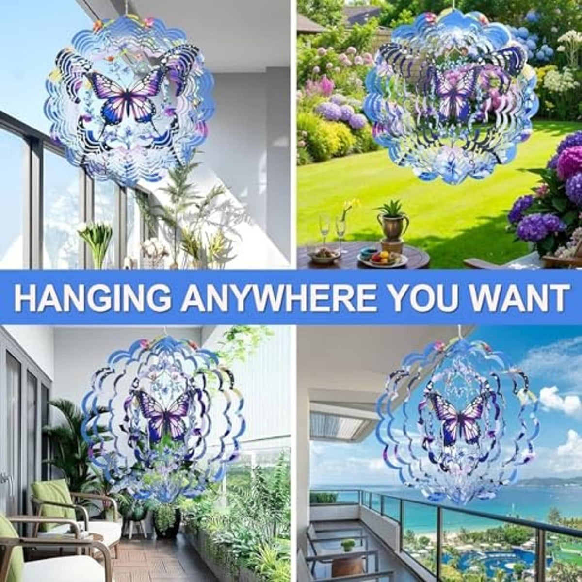 Metal butterfly wind spinner with blue layered rings and purple butterfly center, hanging outdoors.