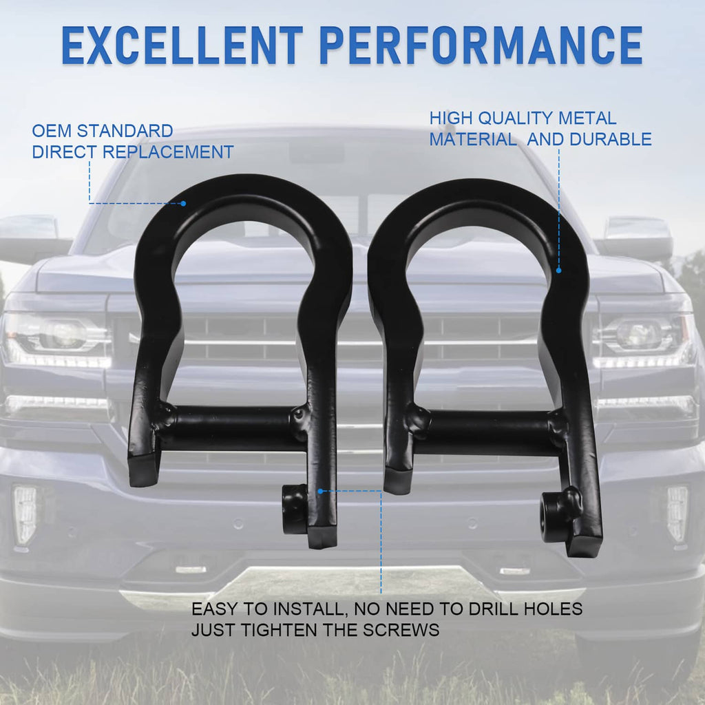 Black recovery hooks installed on front of pickup bumper area