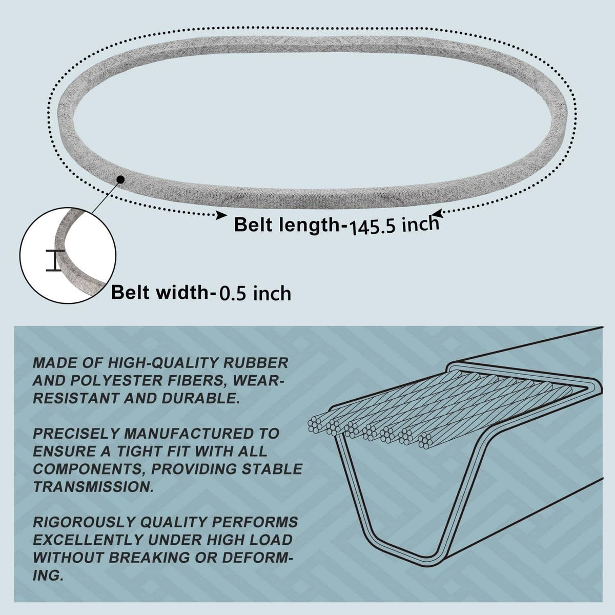 Holdly lawn mower deck belt diagram, length 145.5 in, width 0.5 in