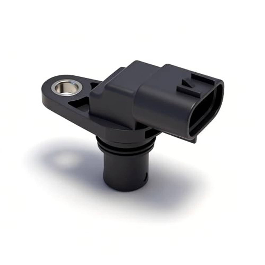 Black camshaft position sensor angled view with mounting bracket and 3-pin plug