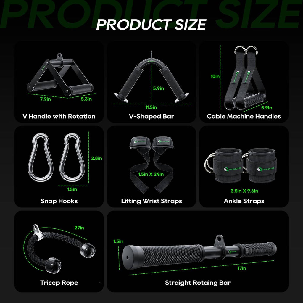 Cable machine attachment set with V-handle bar, rope, snap hooks, wrist and ankle straps