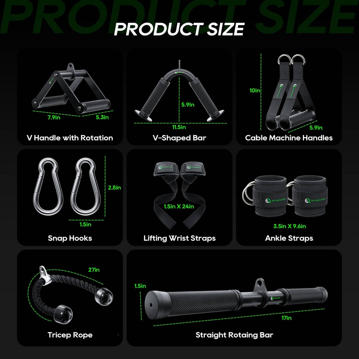 Cable machine attachment set with V-handle bar, rope, snap hooks, wrist and ankle straps