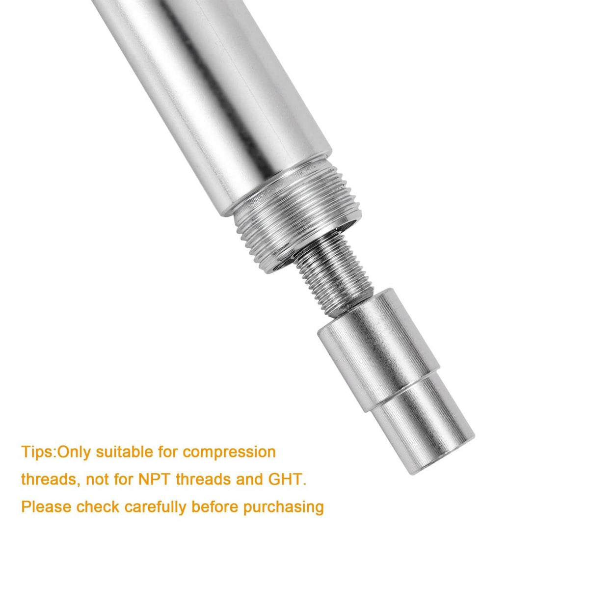 Threaded compression sleeve remover tip with knurled grip ring, silver metal.