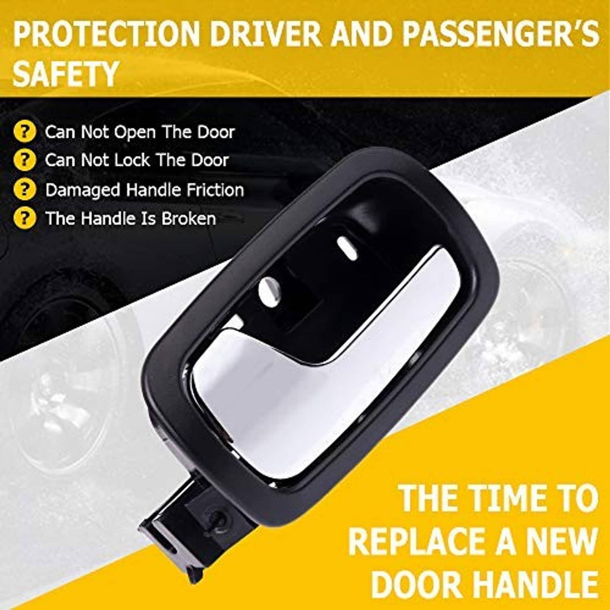 Interior door handle with black housing and silver pull, angled view