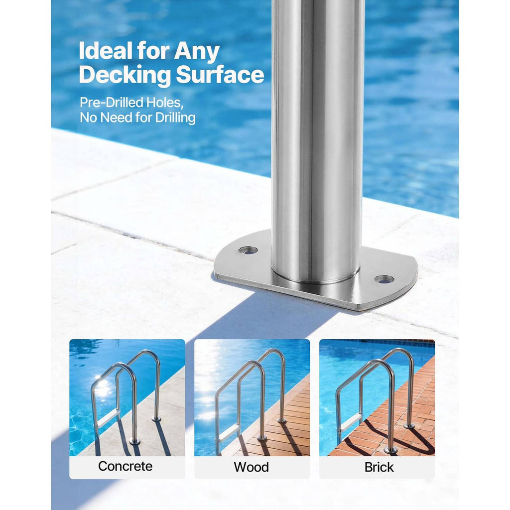Stainless pool ladder base plate with upright posts for secure deck mounting