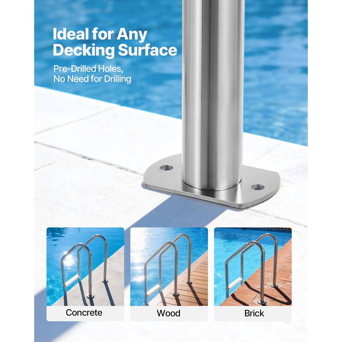 Stainless pool ladder base plate with upright posts for secure deck mounting