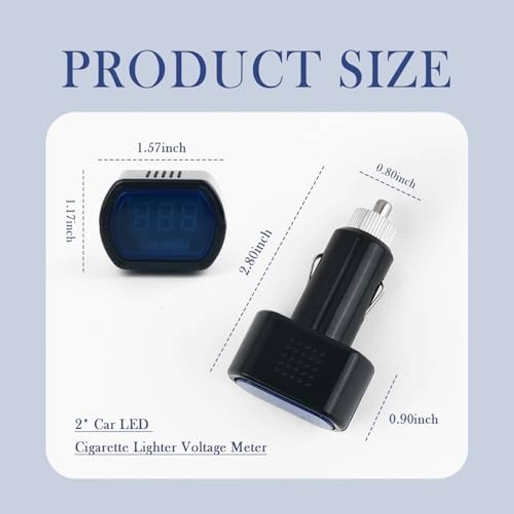 Car cigarette lighter voltage meter, blue display with product size dimension diagram