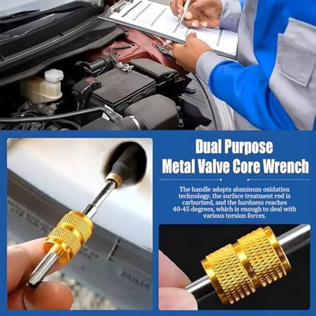 Dual purpose metal valve core wrench with gold knurled handle and threaded shaft