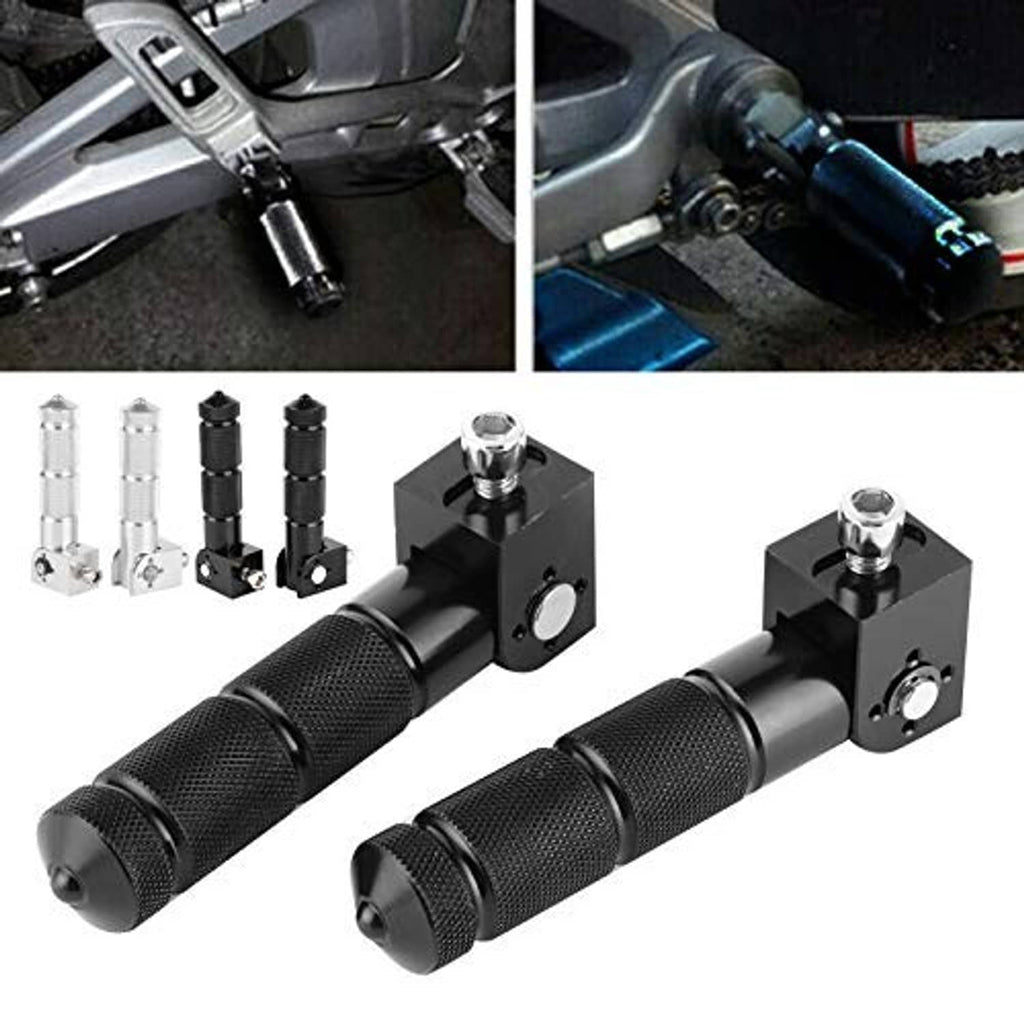 Motorcycle passenger foot pegs with black textured grips and metal mounting plates installed