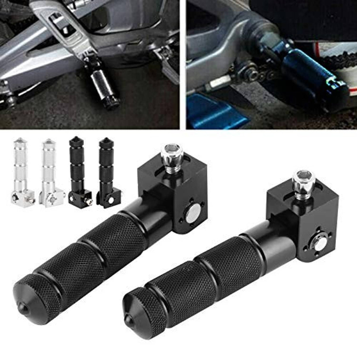 Motorcycle passenger foot pegs with black textured grips and metal mounting plates installed